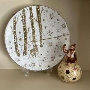 Villeroy & Boch Monkey Candle an Gold and White Holiday Plate with Stand